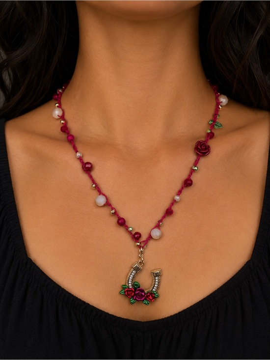 Handmade Jewelry - Handcrafted Red Rose Horseshoe Pendant Necklace